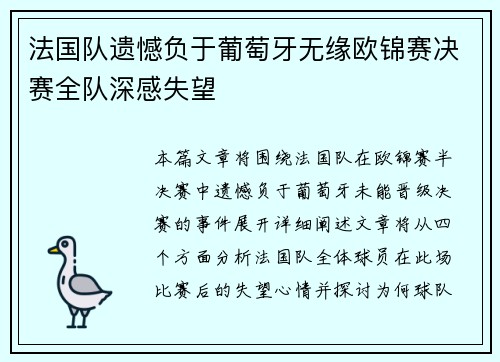 法国队遗憾负于葡萄牙无缘欧锦赛决赛全队深感失望