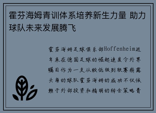 霍芬海姆青训体系培养新生力量 助力球队未来发展腾飞