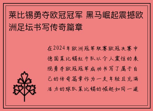 莱比锡勇夺欧冠冠军 黑马崛起震撼欧洲足坛书写传奇篇章